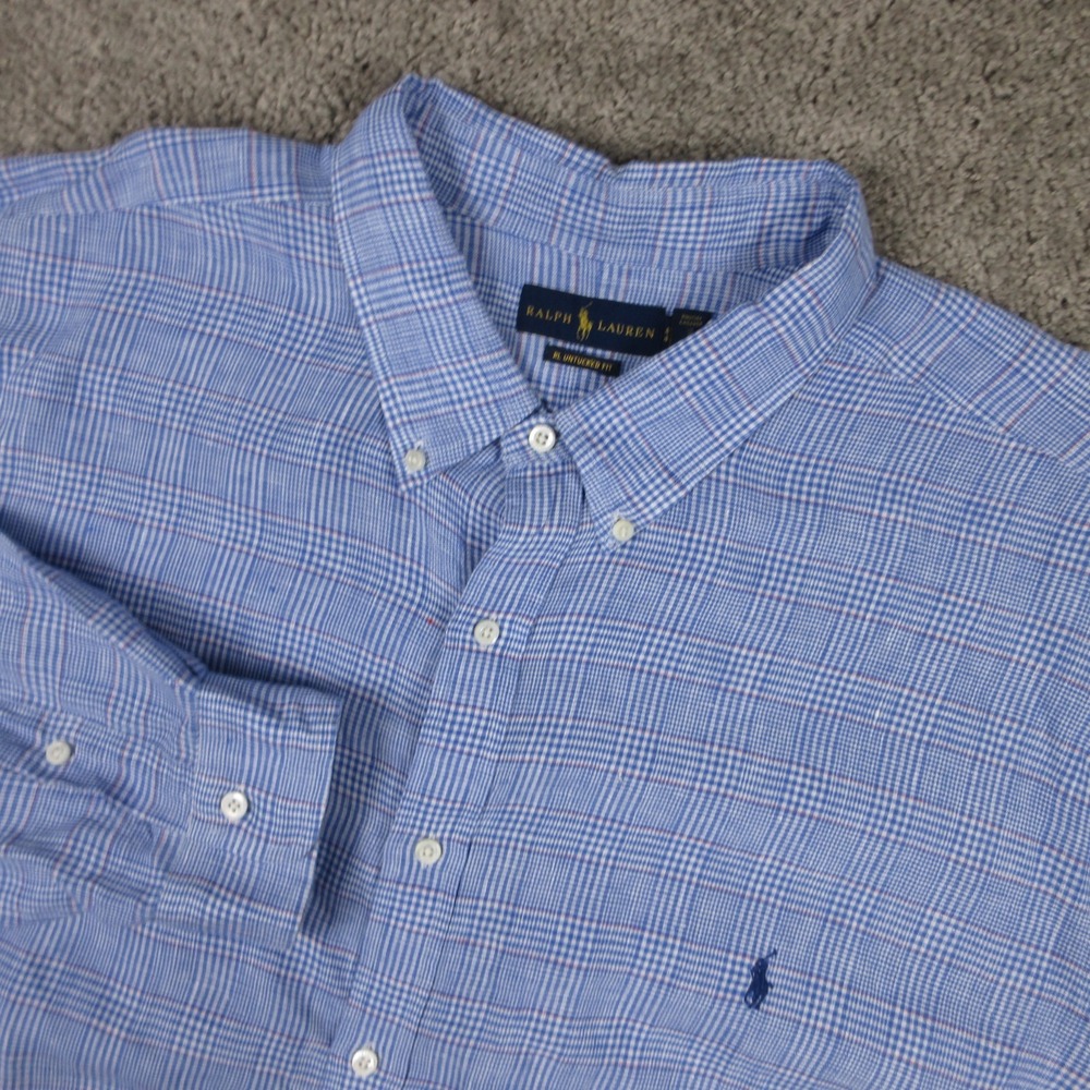 Ralph Lauren Shirt Mens 4XLT Blue Plaid RL Untucked‎ Fit Linen Light Button Up